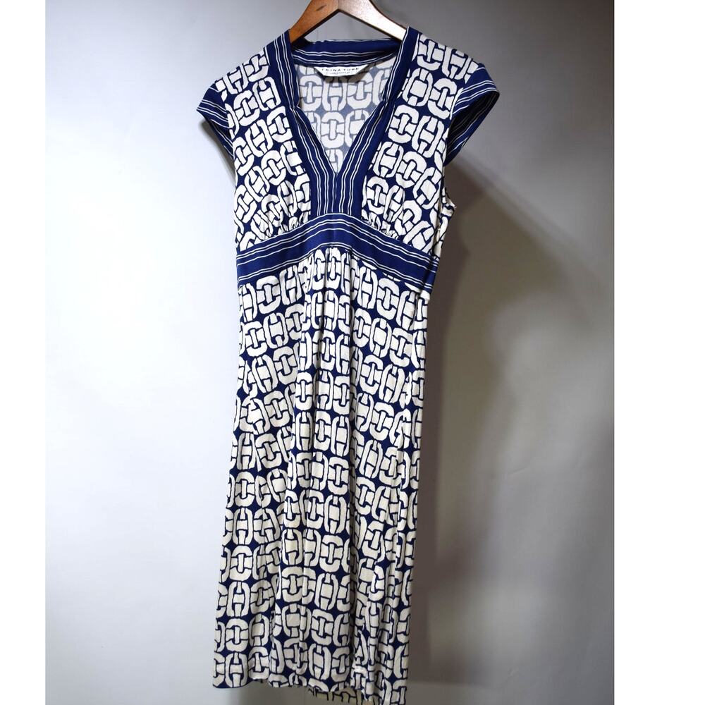 Trina Turk Los Angeles Women's 100% Silk Blue & White Print Midi Dress Size 0